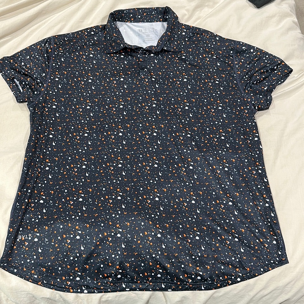 Blue and orange speckle drop hem s/s performance polo XXL bylt basics